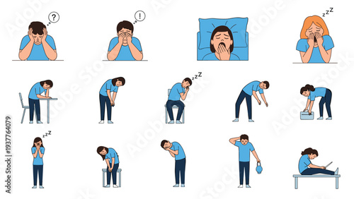 Set of human characters experiencing different stages of exhaustion and fatigue while working or performing daily tasks.