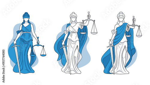Statues of lady justice holding scales and sword representing law fairness and legal system in three different styles.