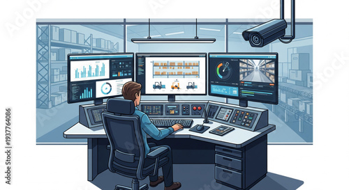 Man operating control room with multiple computer screens displaying graphs and data from various viewpoints.