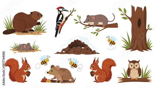 Vibrant forest animal community featuring squirrels with acorns beaver by the river owl on log and busy honey bees.