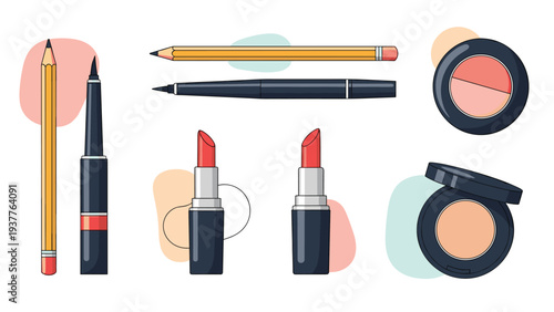 Professional makeup kit essentials including lipstick eyeliner pencils and blush for beauty and personal care routine.