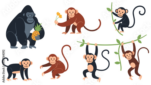 Collection of cartoon primates showing gorilla with pineapple and various monkeys swinging from vines in the wild.