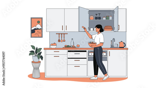 Young woman prepares healthy meal in modern white kitchen while organizing storage cabinets and using fresh produce.