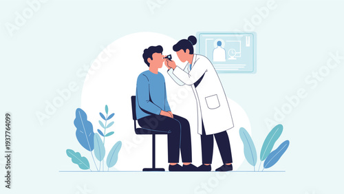 Professional ophthalmologist examines young male patients eyes using specialized medical equipment in modern clinic.