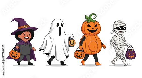 Cute cartoon children in Halloween costumes trick or treating with jack o lanterns