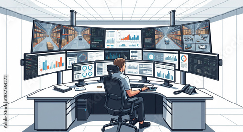 Man analyzing data on multiple screens in a modern office environment from behind