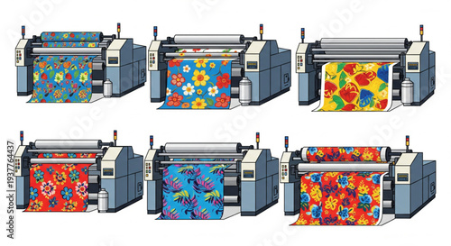 Multiple printing machines operating with colorful patterns emerging from their output trays in an industrial setting viewpoint