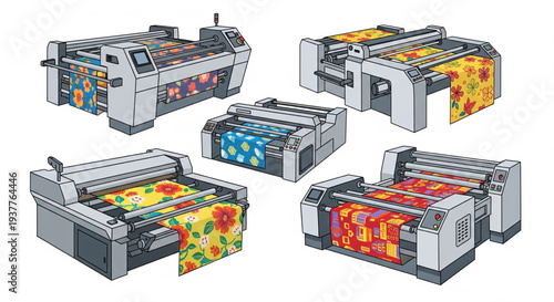 Industrial printers operating in a factory setting with various colorful designs being printed on fabric