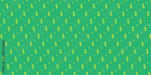 Dollar sign pattern on green background. Financial wealth and money currency texture. Vector Illustration.
