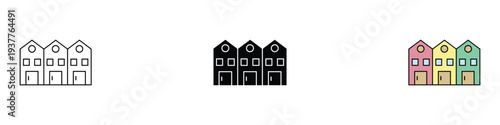 Row house icon set. Residential neighborhood, townhouse and urban real estate symbol. Vector Illustration.