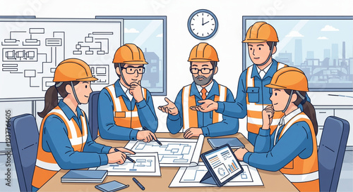 Construction team collaborating around table with plans and laptops in modern office