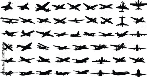Airplane silhouettes collection set, aircraft aviation fleet vector icons, jet propeller passenger cargo planes isolated, aviation transport aircraft silhouettes bundle