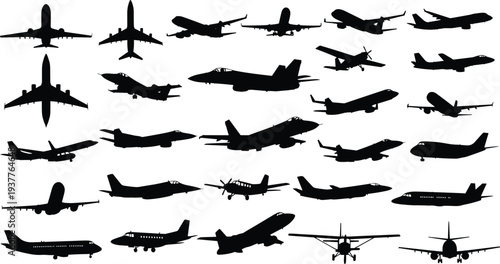 Airplane silhouettes collection set, military fighter jets passenger aircraft cargo planes aviation fleet vector illustration isolated aircraft silhouettes bundle