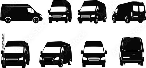 Cargo delivery van silhouettes set, commercial transport vehicle icons collection, front side rear view vans, logistics delivery truck silhouette vector isolated