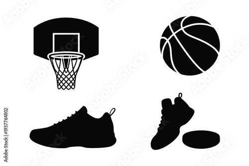 Black and white basketball hoop ball and sneakers shoes