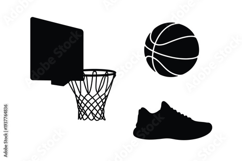 Black and white basketball hoop basketball and sneaker silhouettes