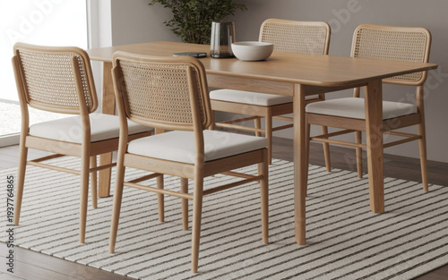 Dining table with six rattan chairs striped rug in modern room with bowl and glasses On Valentine's day