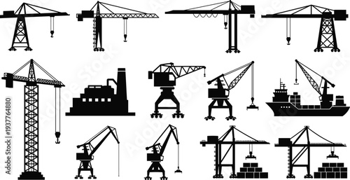 Construction crane silhouettes collection, tower crane harbor crane industrial lifting equipment set, cargo port machinery outlines, engineering construction machinery vector illustration isolated