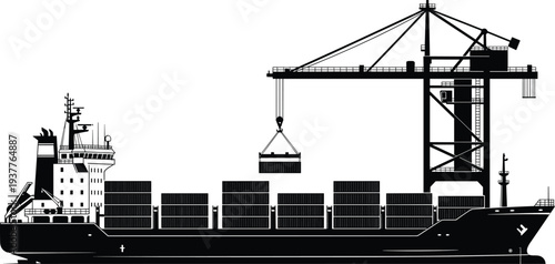 Container cargo ship with port crane silhouette, maritime shipping logistics loading containers, sea freight transportation vessel, harbor terminal industry vector illustration