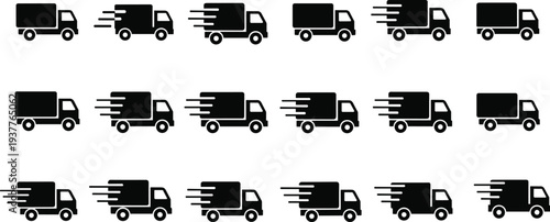 Fast delivery truck silhouettes set, express shipping transport vehicle icons, courier logistics speed truck collection, cargo delivery service concept isolated vector