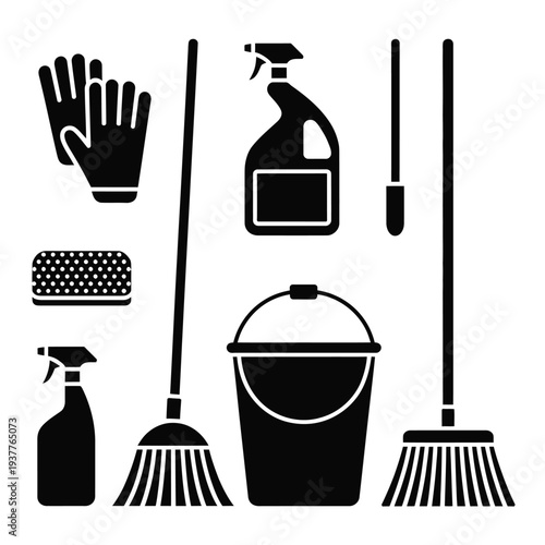 Black and white cleaning tools and supplies cleaning supplies
