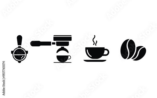 Black and white coffee set with espresso machine, cup, and beans