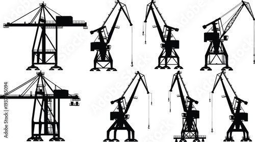 Industrial harbor crane silhouettes set, port cargo loading cranes collection, dockside lifting machinery vector illustration isolated construction shipping equipment
