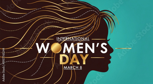 International women's day march 8th celebration background with female silhouette and gold accents on teal