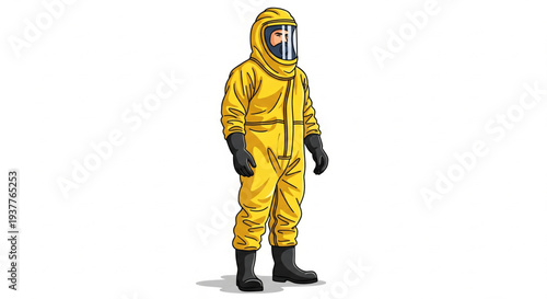 Person wearing protective hazmat suit standing isolated on white background viewed from the front