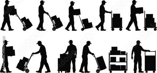 Warehouse worker courier silhouettes collection, delivery staff carrying boxes with hand truck trolley, logistics shipping service workers vector illustration isolated