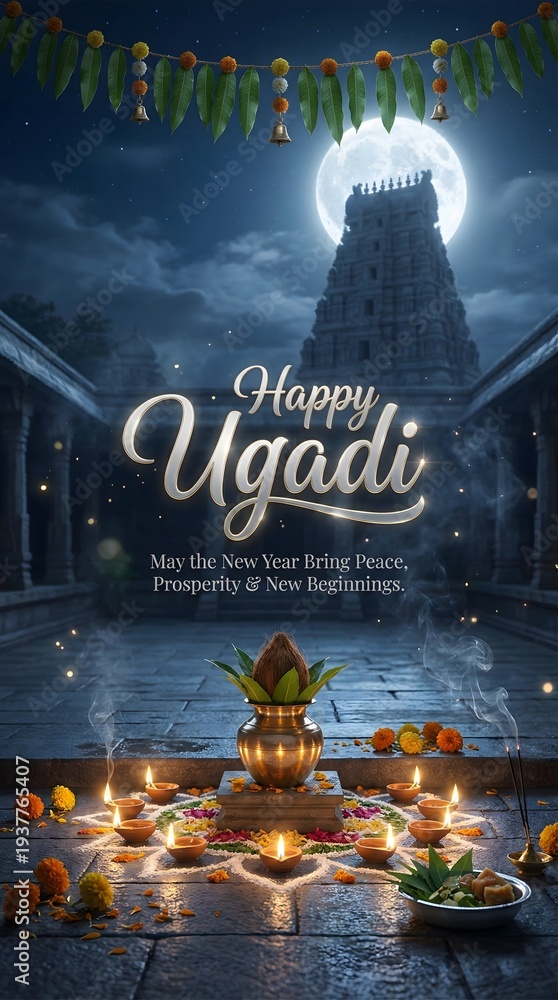 Fototapeta premium Ugadi festival celebration with traditional food and lighting decorations at temple