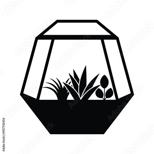 Black and white of a terrarium with plants geometric 1
