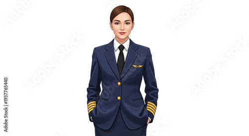 Professional female pilot standing confidently with hands in pockets wearing blue uniform with gold accents on the cuffs