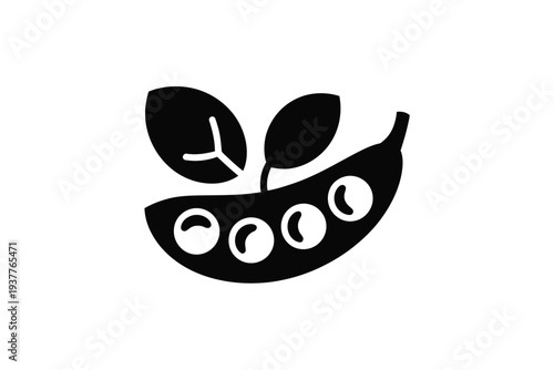 Black and white of a pea pod with crescent moon seeds