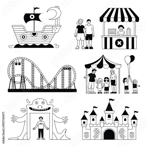 Black and white of amusement park attractions and activities