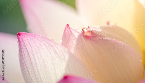 Close-up of delicate pink and white lotus petals with water droplets