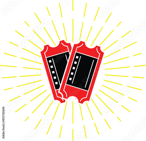 Pair of Red Cinema Movie Tickets with Golden Sunburst Ray Background for Entertainment Events, Film Festivals, Theater Shows, Premiere Invitations, and Media Designs