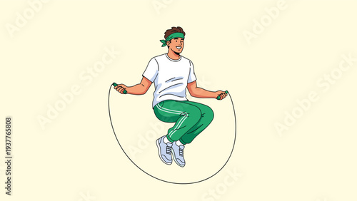 Athletic man with a headband performing a jump rope workout for fitness and cardio training in a minimal vector style.