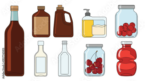 Collection of different containers including glass jars with fruit, brown bottles, clear bottles, and a pump dispenser.
