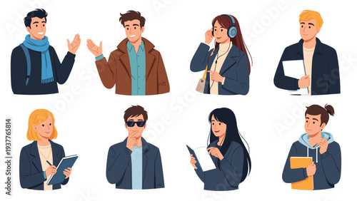 Group of diverse young male and female characters in various poses with different outfits and accessories for social concepts.