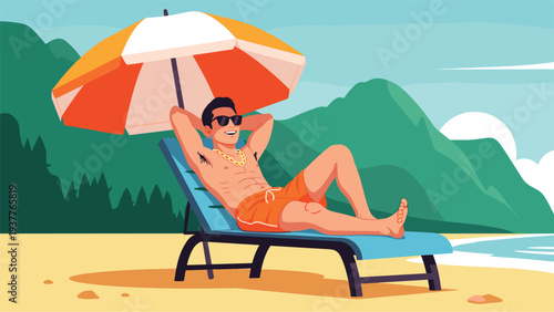 Man relaxing on a beach lounge chair under a striped umbrella with a beautiful mountain landscape in the background.