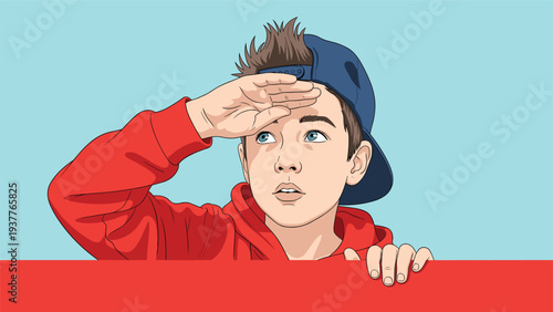 Young boy wearing a red hoodie and a blue cap peeking over a red ledge with a curious expression on his face.