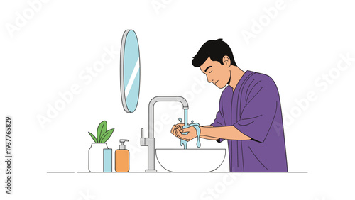 Side view of a man washing his hands under a faucet in a bathroom with a mirror and potted plant on the counter.