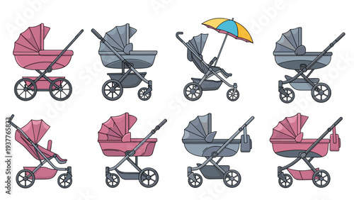 Set of modern baby strollers and prams in various styles and colors like pink and grey for infant transportation.