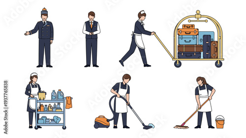 Various hotel staff positions illustrated including a doorman, porter, housekeeper, and cleaning crew at work.