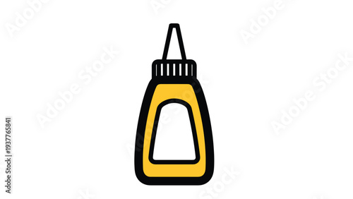 Simple vector illustration of a plastic glue bottle with a yellow body and a black cap on a white background.