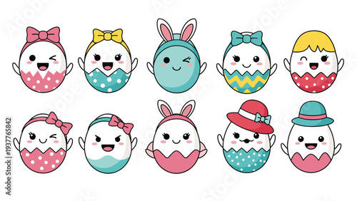 Group of adorable Kawaii-style Easter eggs decorated with various hats, bows, bunny ears, and colorful patterns.