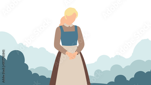 Faceless illustration of a woman in a traditional long peasant dress standing against a landscape of soft clouds.