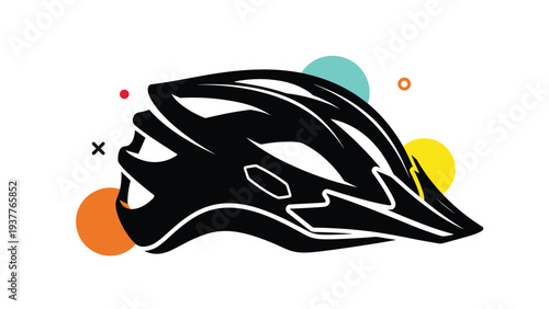 Modern bicycle helmet silhouette in black shown against a background of vibrant colorful circles and abstract graphic shapes.