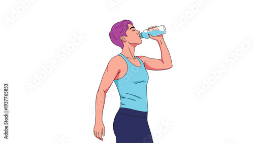 Young person with purple hair wearing a cyan tank top drinking water from a bottle to stay hydrated during exercise.